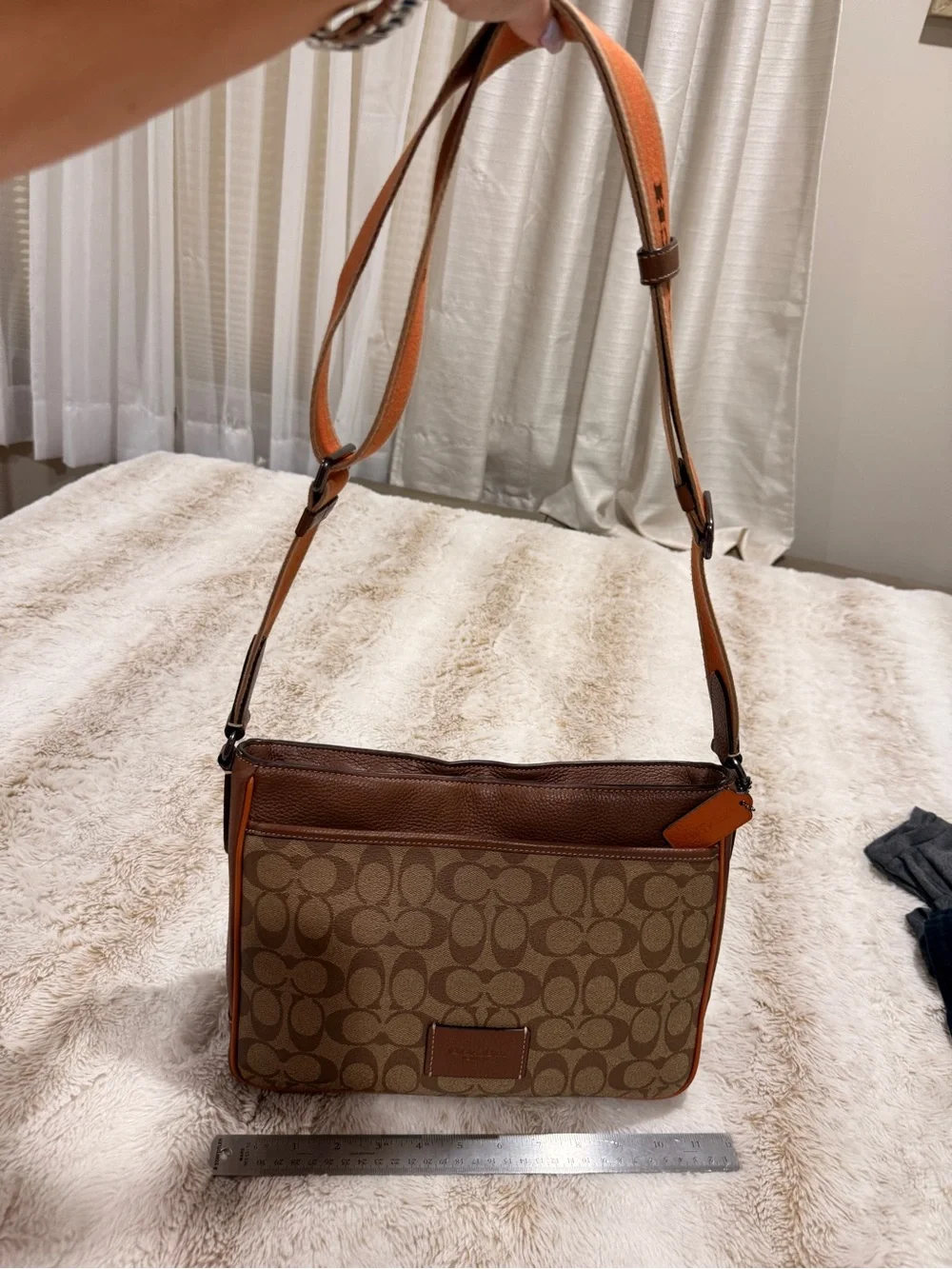 COACH Signature Jacquard Crossbody Bag Brown Tan Orange Logo Strap